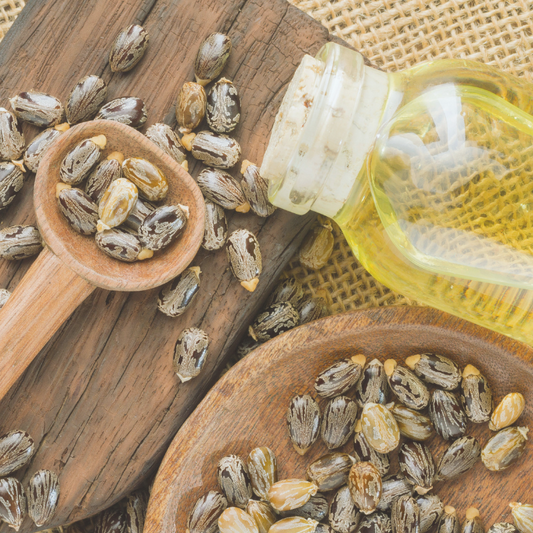 castor oil bottle with beans