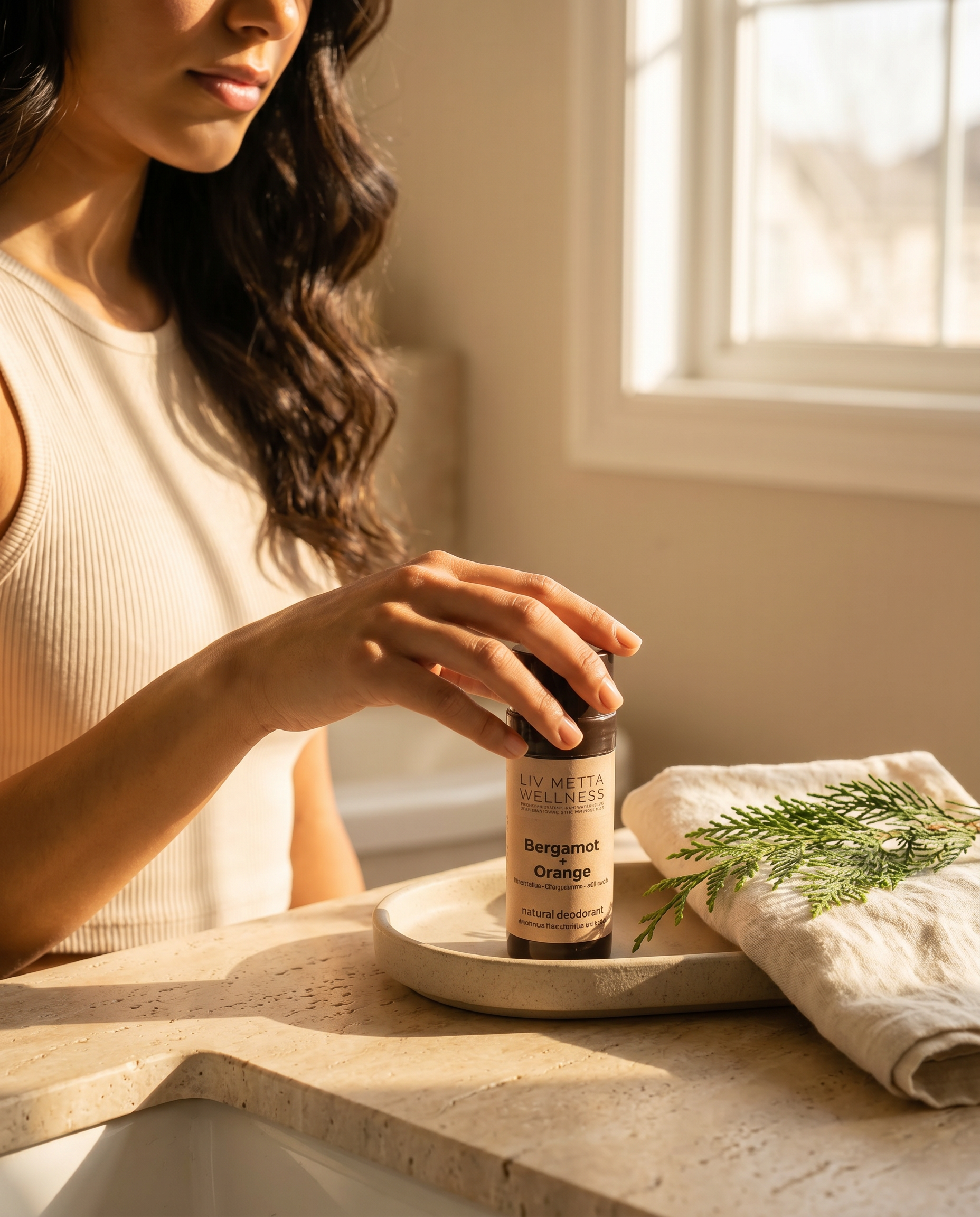 A woman in a cream ribbed tank top reaches toward a small bottle labeled 'Livmetta Bergamot & Orange' on a light stone tray, set on a countertop beside a folded cream cloth and green sprigs in warm natural light.