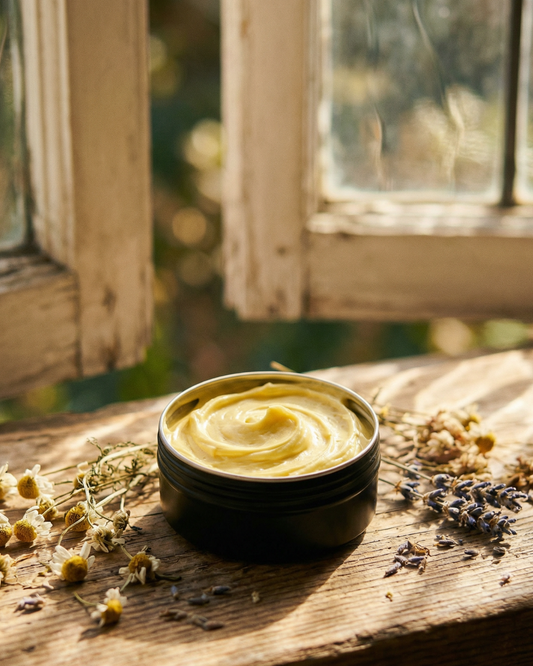 Black container of yellow cream on a wooden surface with dried flowers and a window in the background