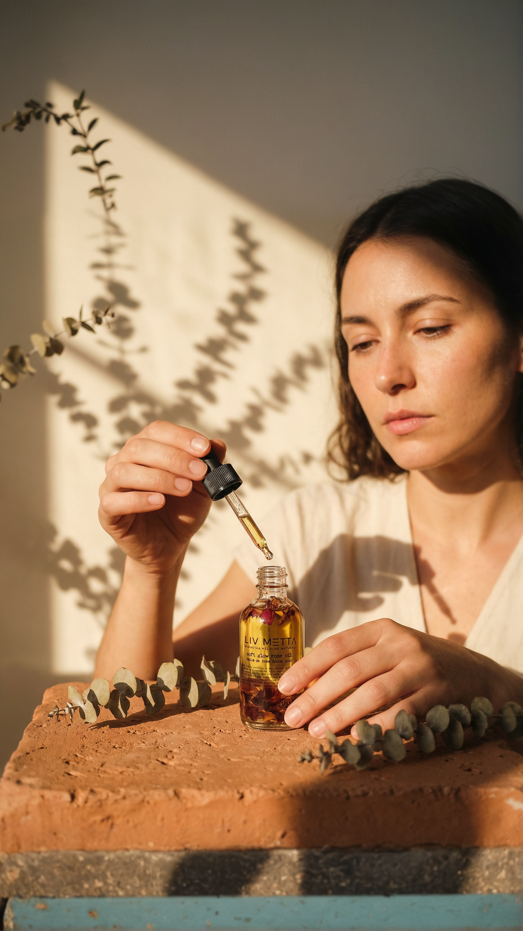 Woman holding a dropper bottle with a plant in the background