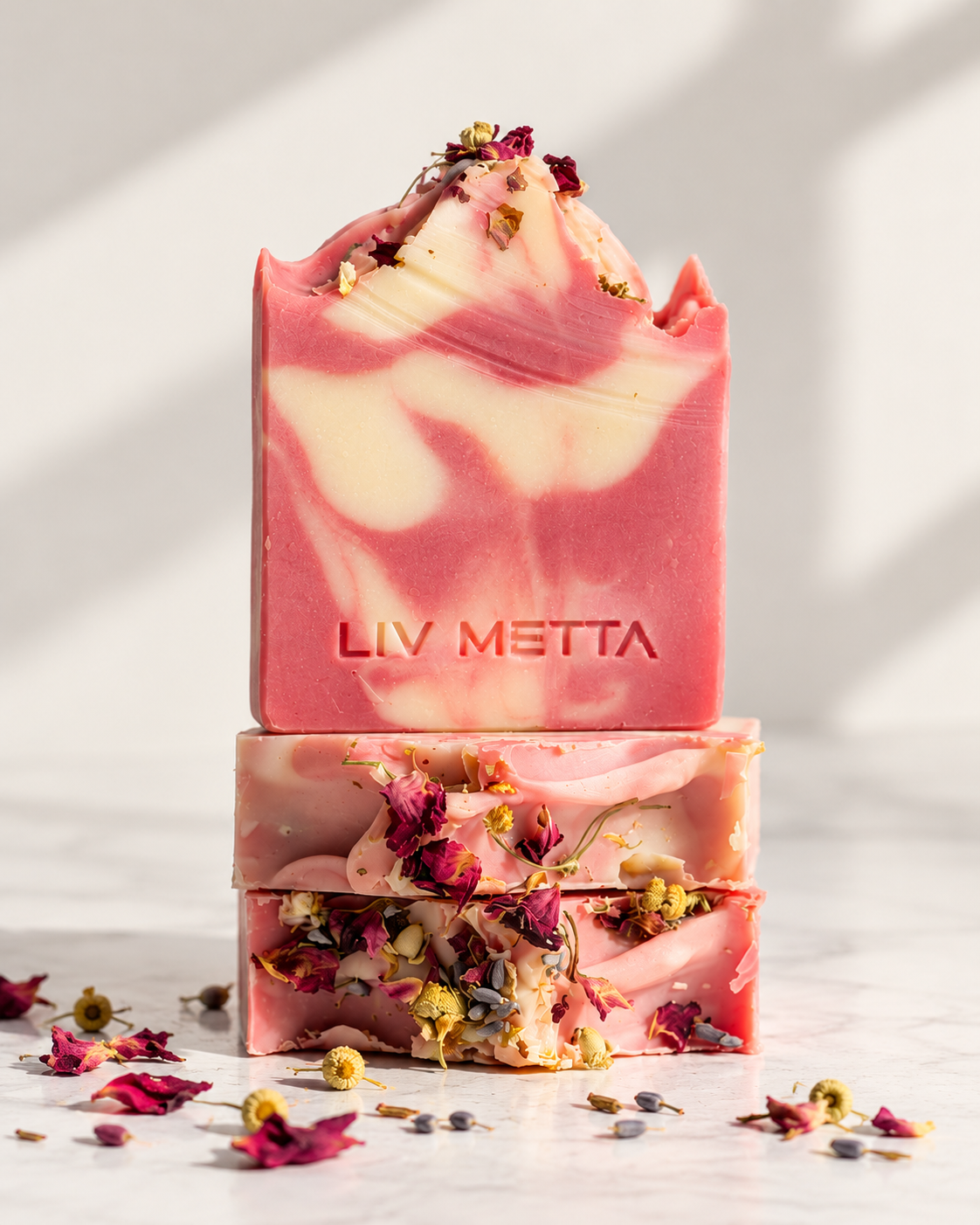 Two stacked bars of LIV METTA handmade soap with a pink and cream marbled pattern, decorated with dried rose petals and botanicals, set on a light marble surface with soft shadows.