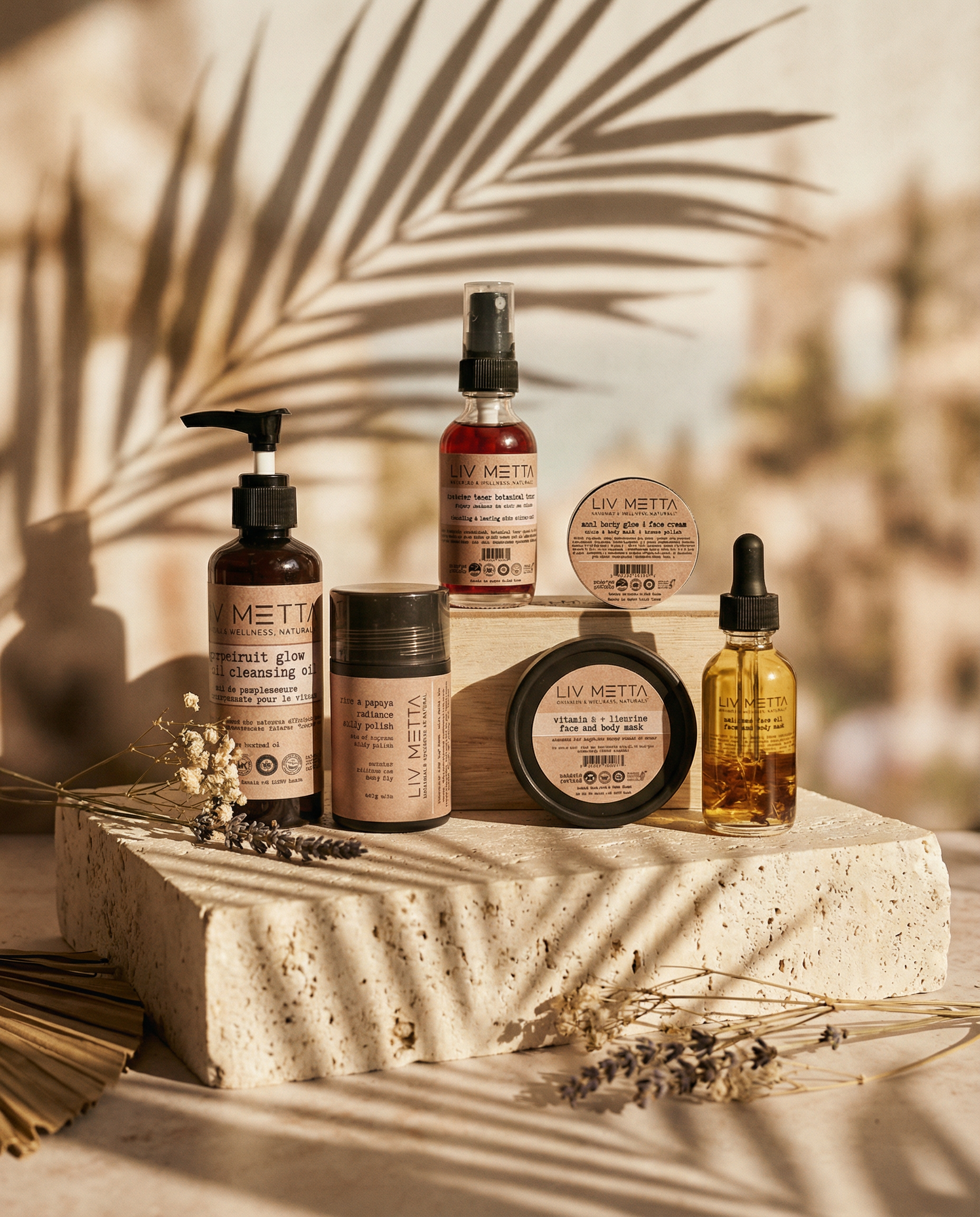 Collection of LIV METTA skincare products on a stone surface with natural light and leaves.