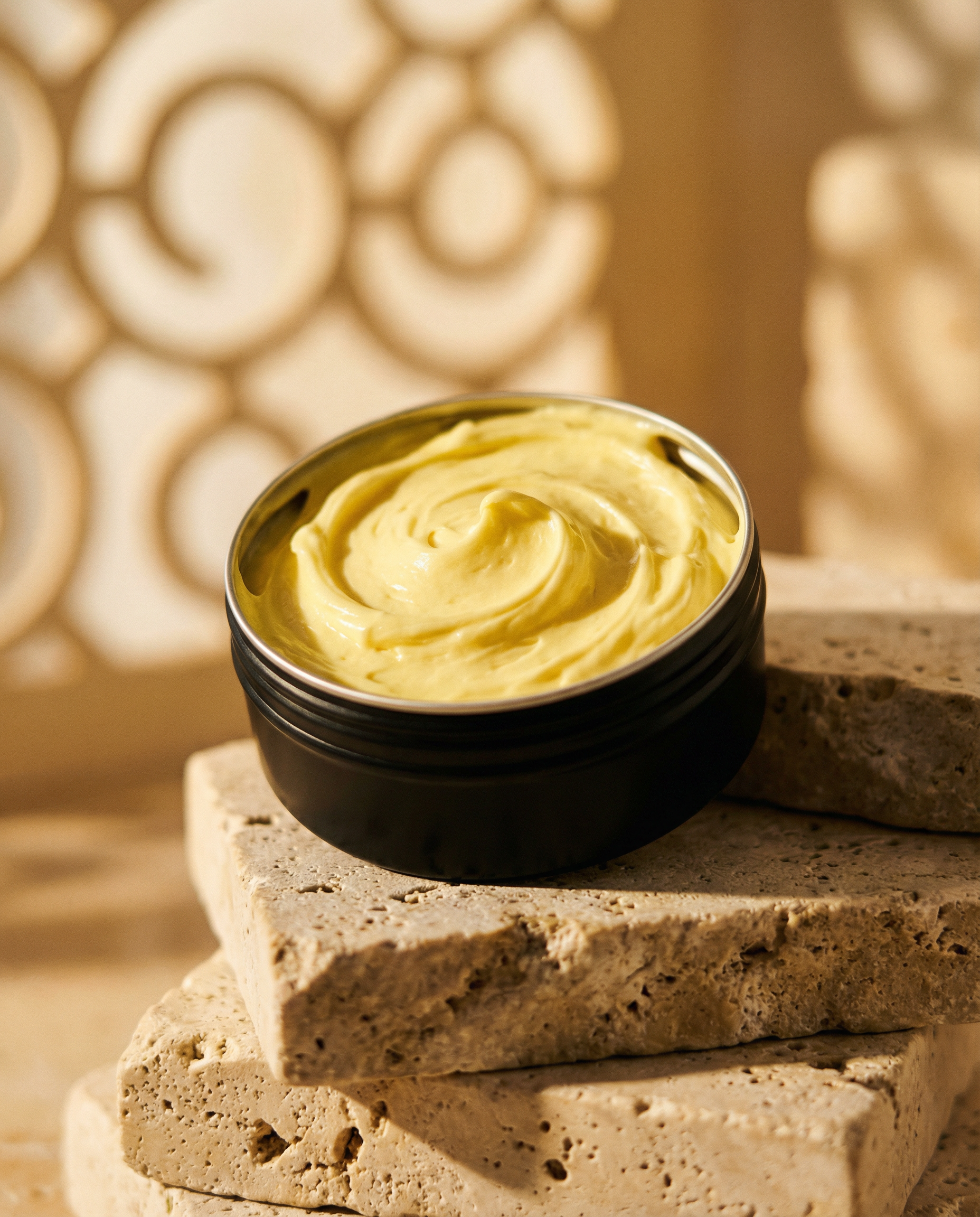 Black container with yellow cream on a stone surface