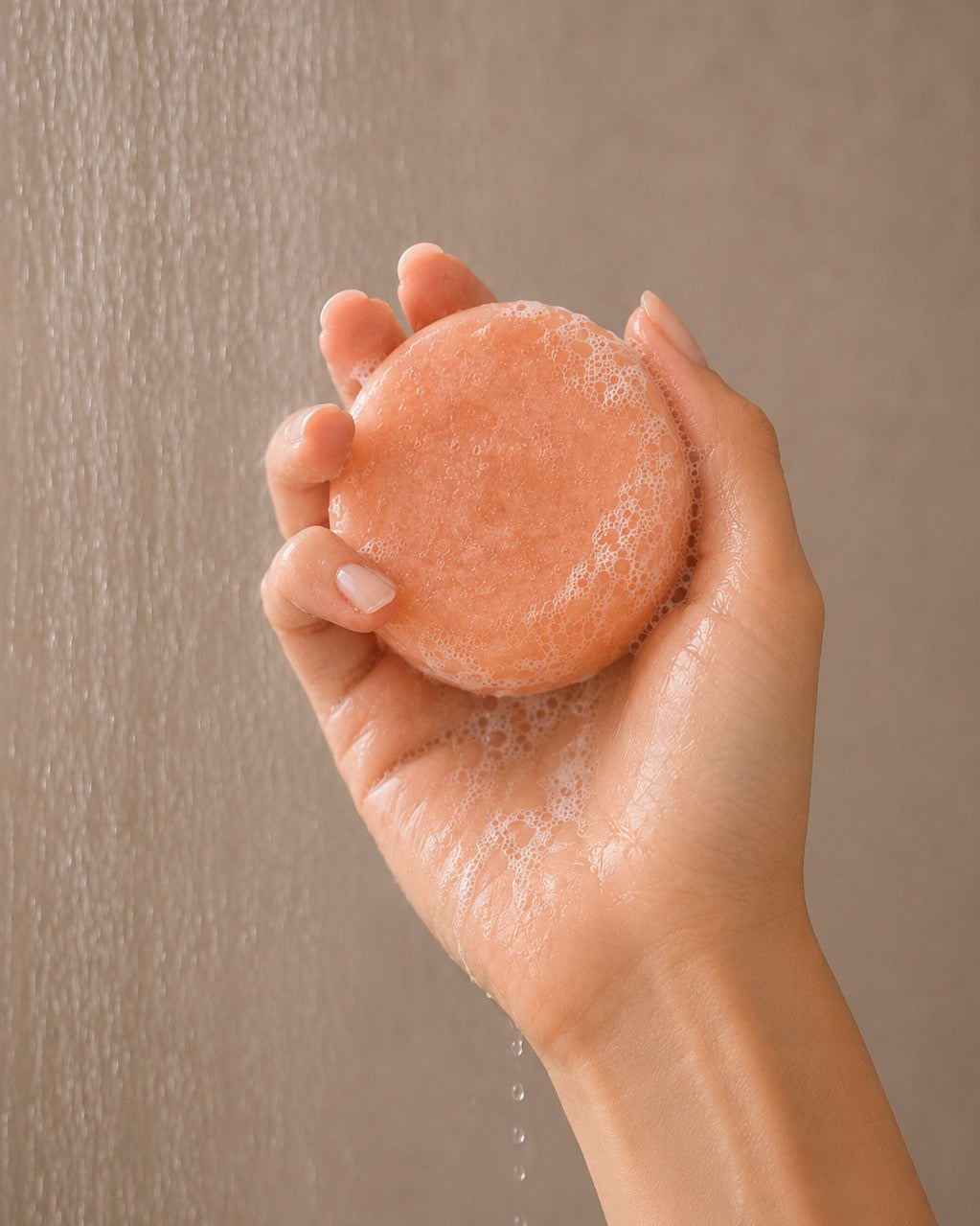 Hand holding a pink bath bomb under running water