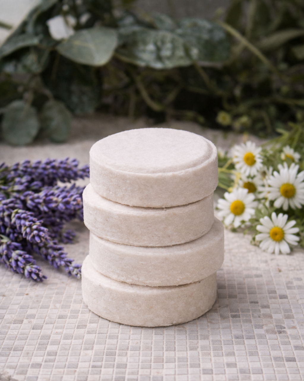 Stack of round beige containers on a textured surface with plants and flowers in the background