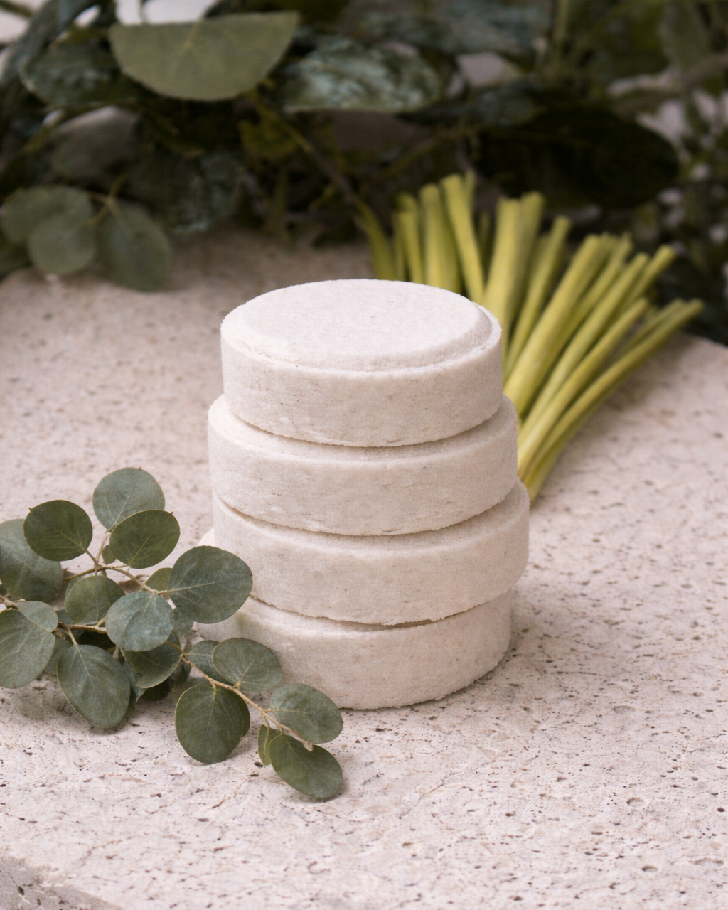 Stack of white cylindrical containers on a textured surface with greenery in the background