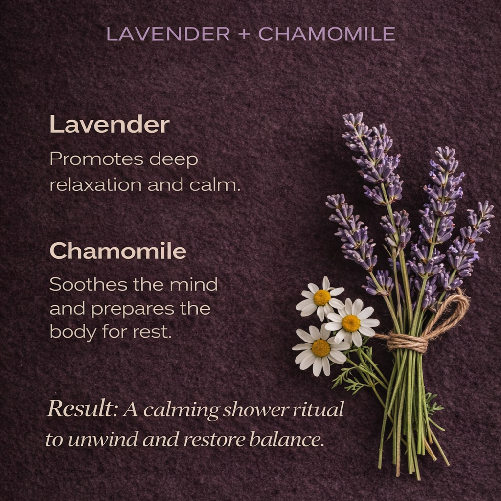 Promotional image for a relax ritual with lavender and chamomile on a dark background, featuring text about their benefits and a brand name.