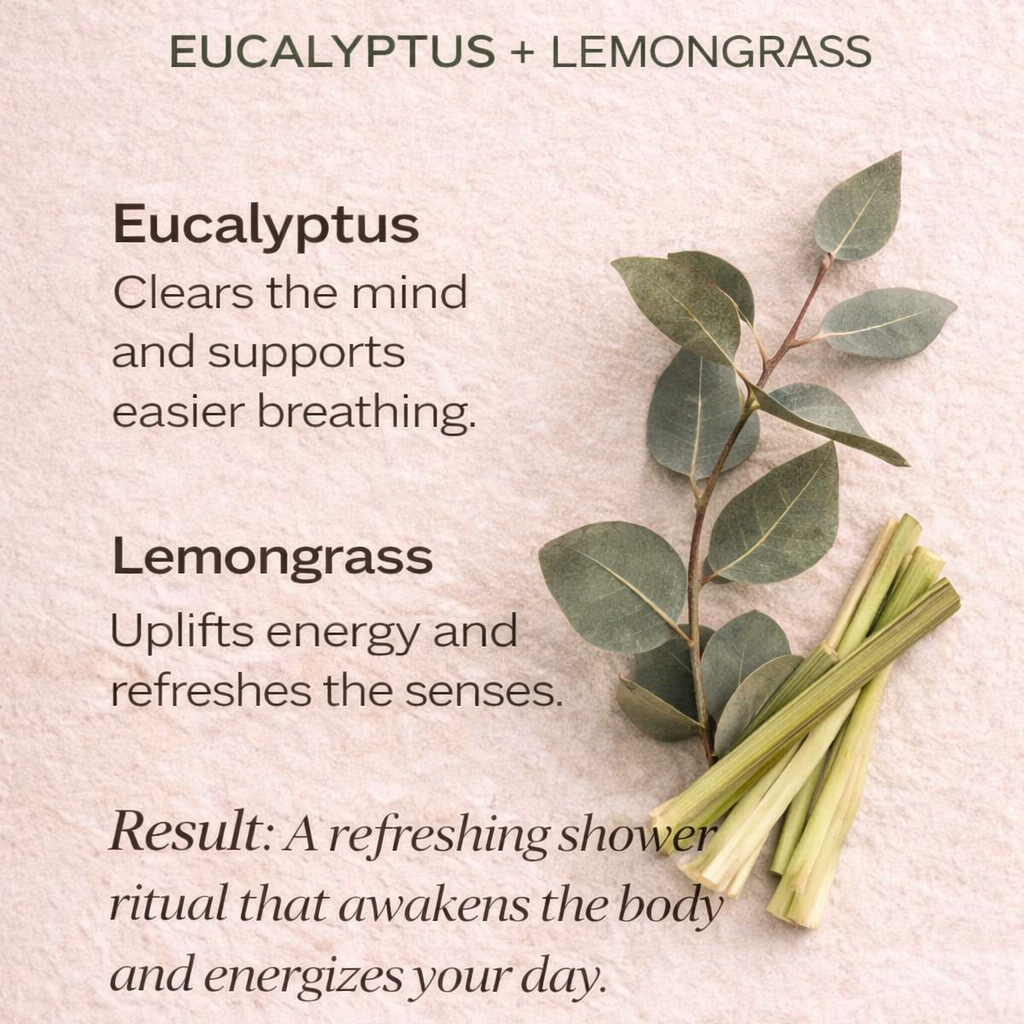 Promotional graphic for 'Rise Ritual' with eucalyptus and lemongrass on a light background.