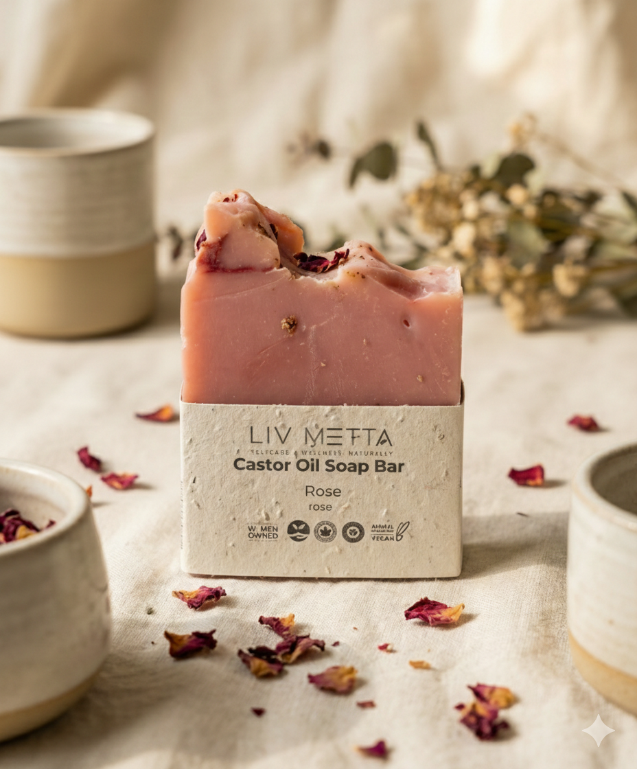 Pink soap bar with 'LIV METTA' packaging on a neutral background with decorative elements.