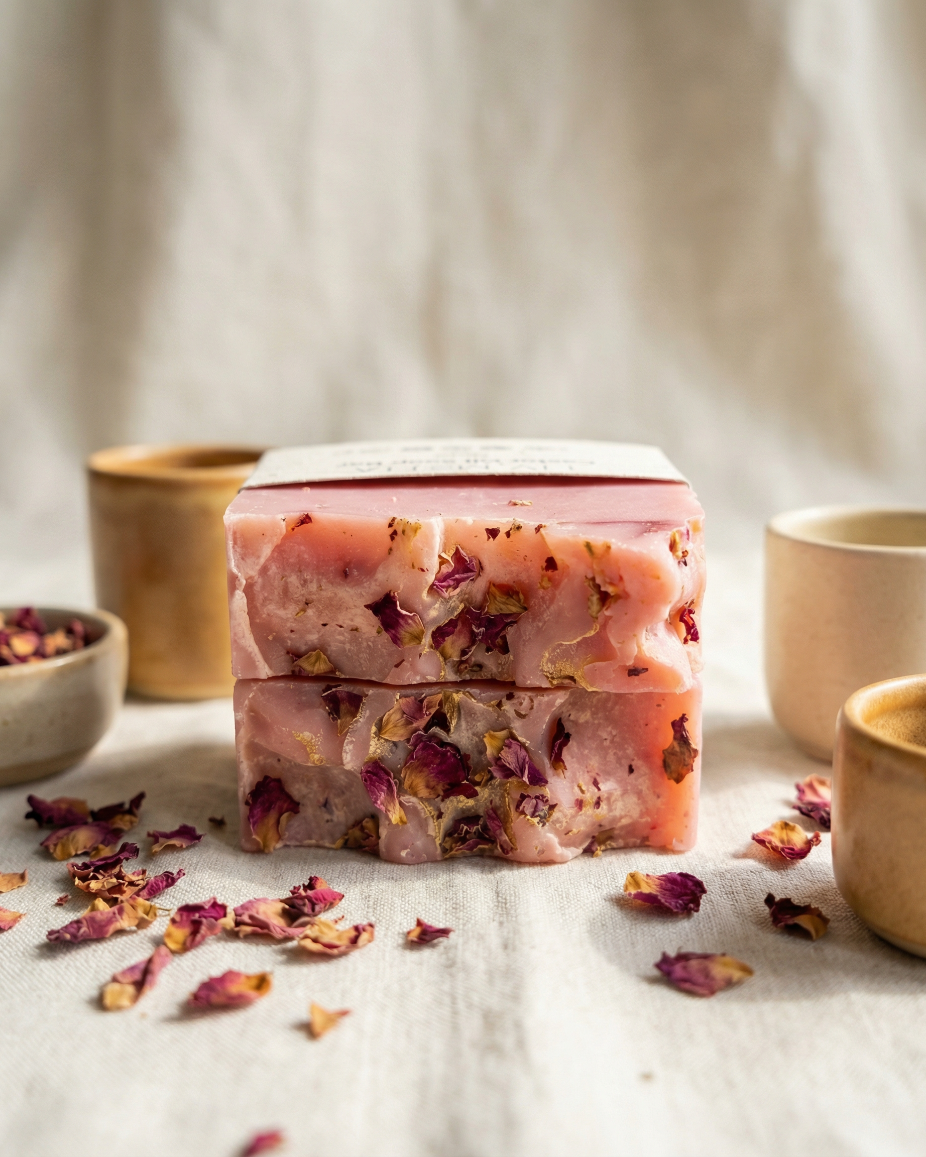Stack of pink soap bars with rose petals on a light surface with wooden containers and dried flowers.
