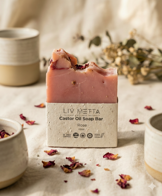 Pink soap bar with 'LIV METTA' packaging on a neutral background with decorative elements.