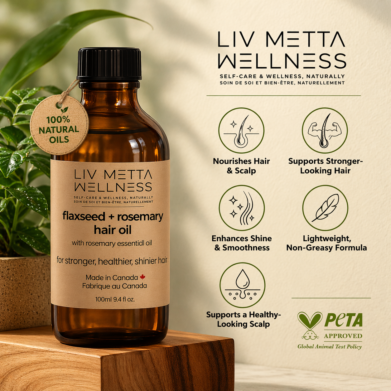 Brown bottle of Liv Metta Wellness flaxseed + rosemary hair oil with product details on a light background.