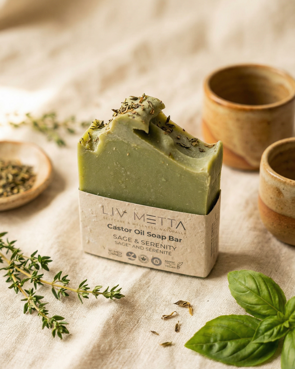 Green soap bar with dried herbs on a textured surface, surrounded by small ceramic containers.
