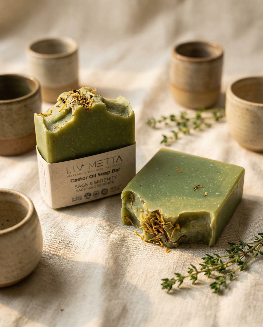 soaps on table green in colour with bowls in the background