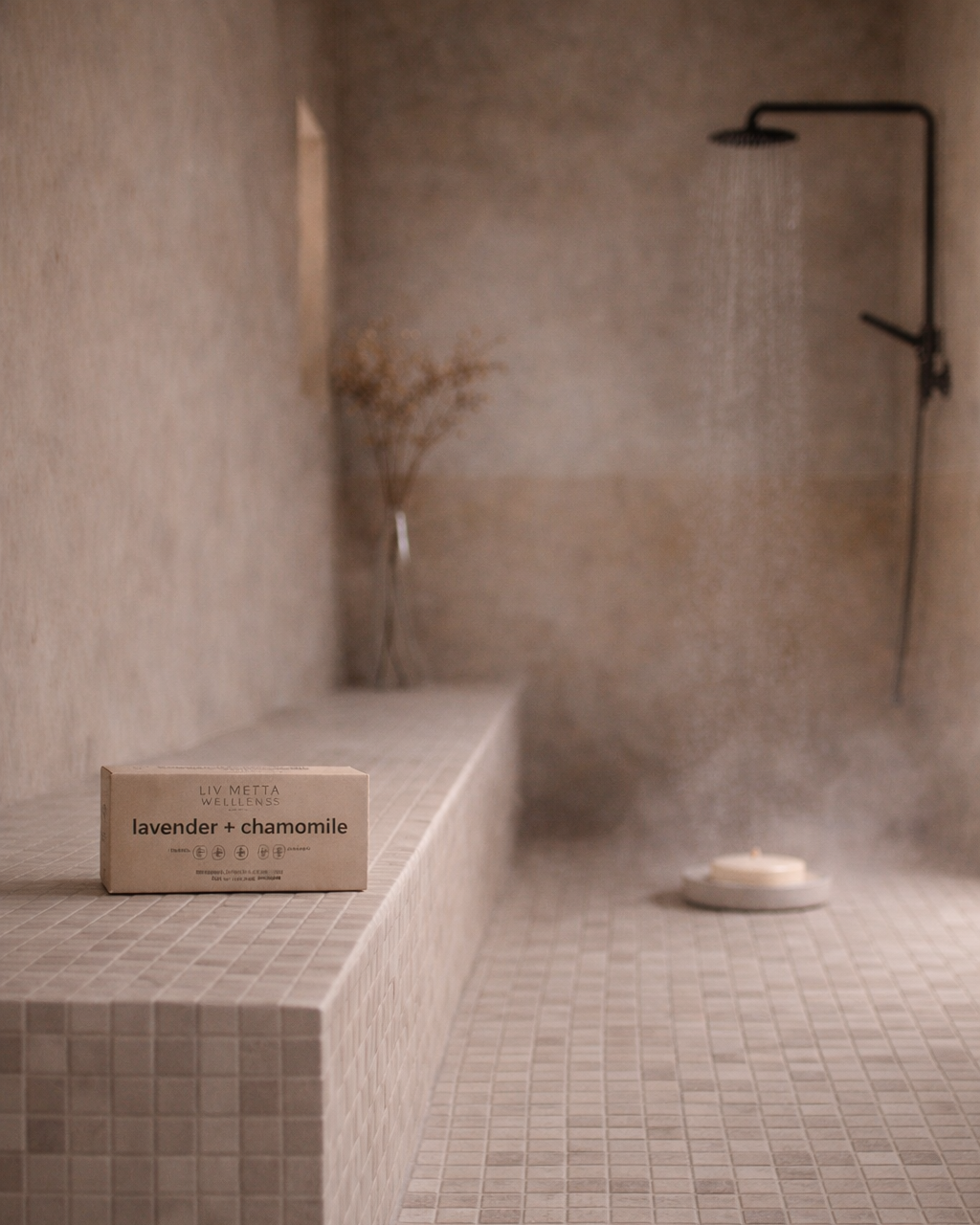 Shower Steamer with lavender and chamomile scent on a tiled bathroom shelf.