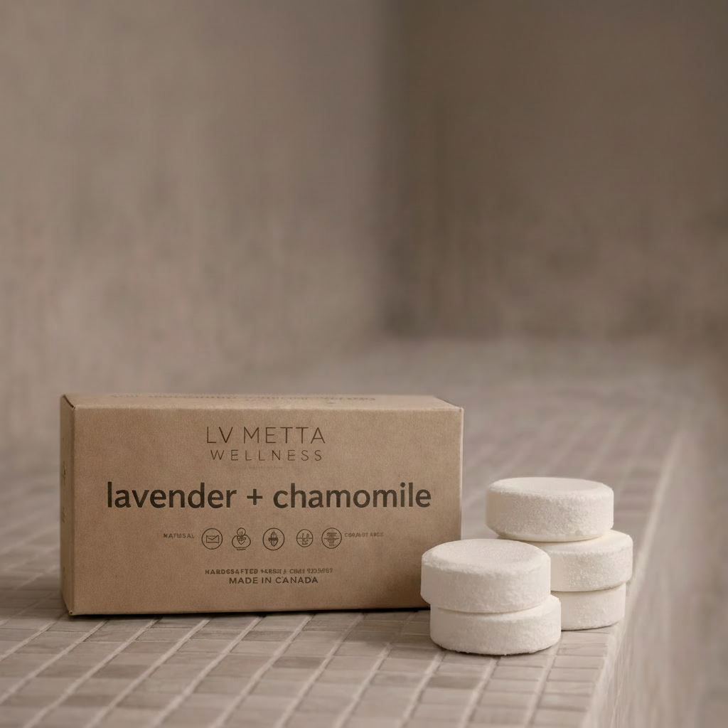 Box of LV Metta Wellness lavender and chamomile products on a tiled surface.