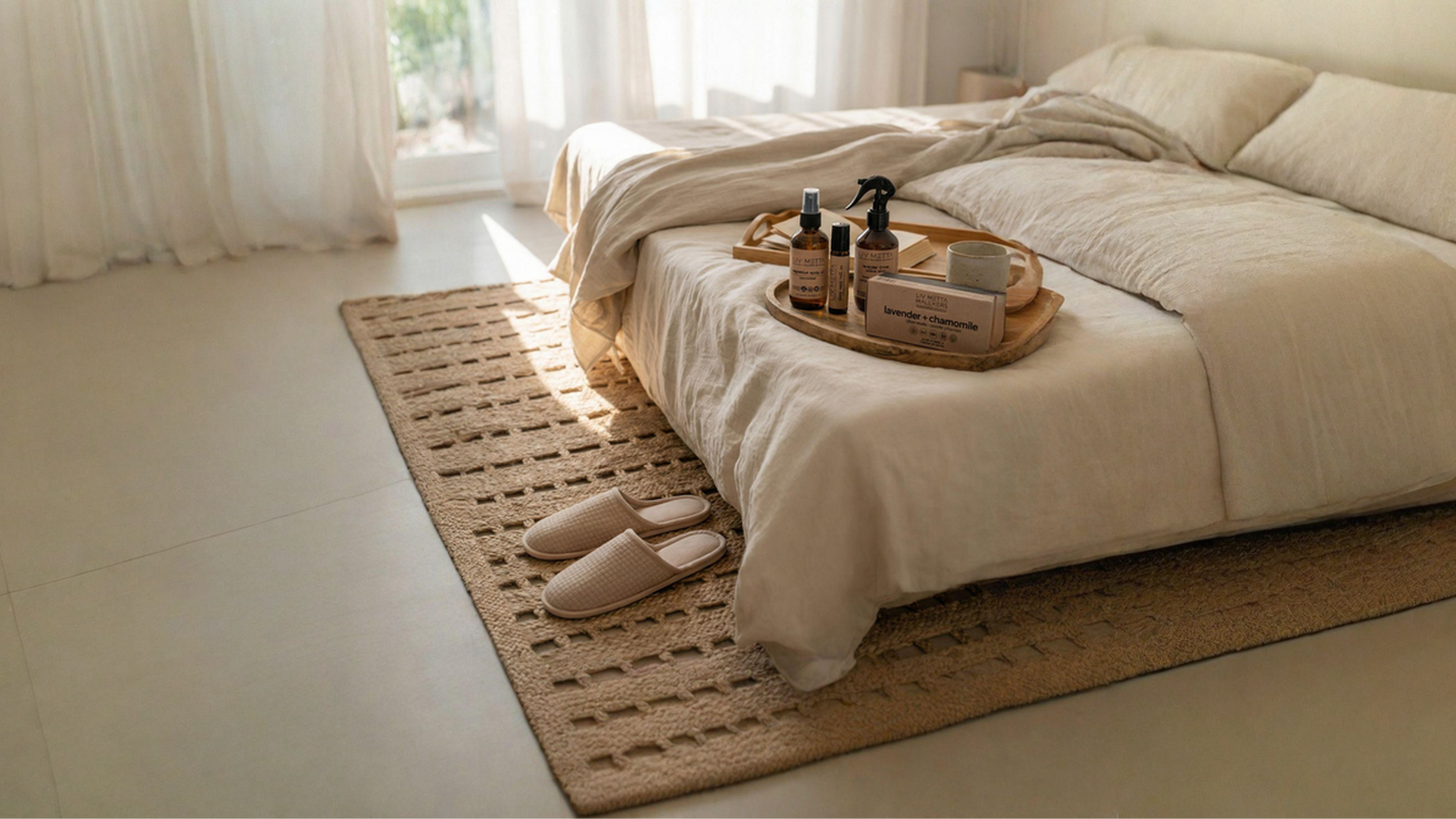 Bedroom with a tray of bath products on a rug, soft natural light