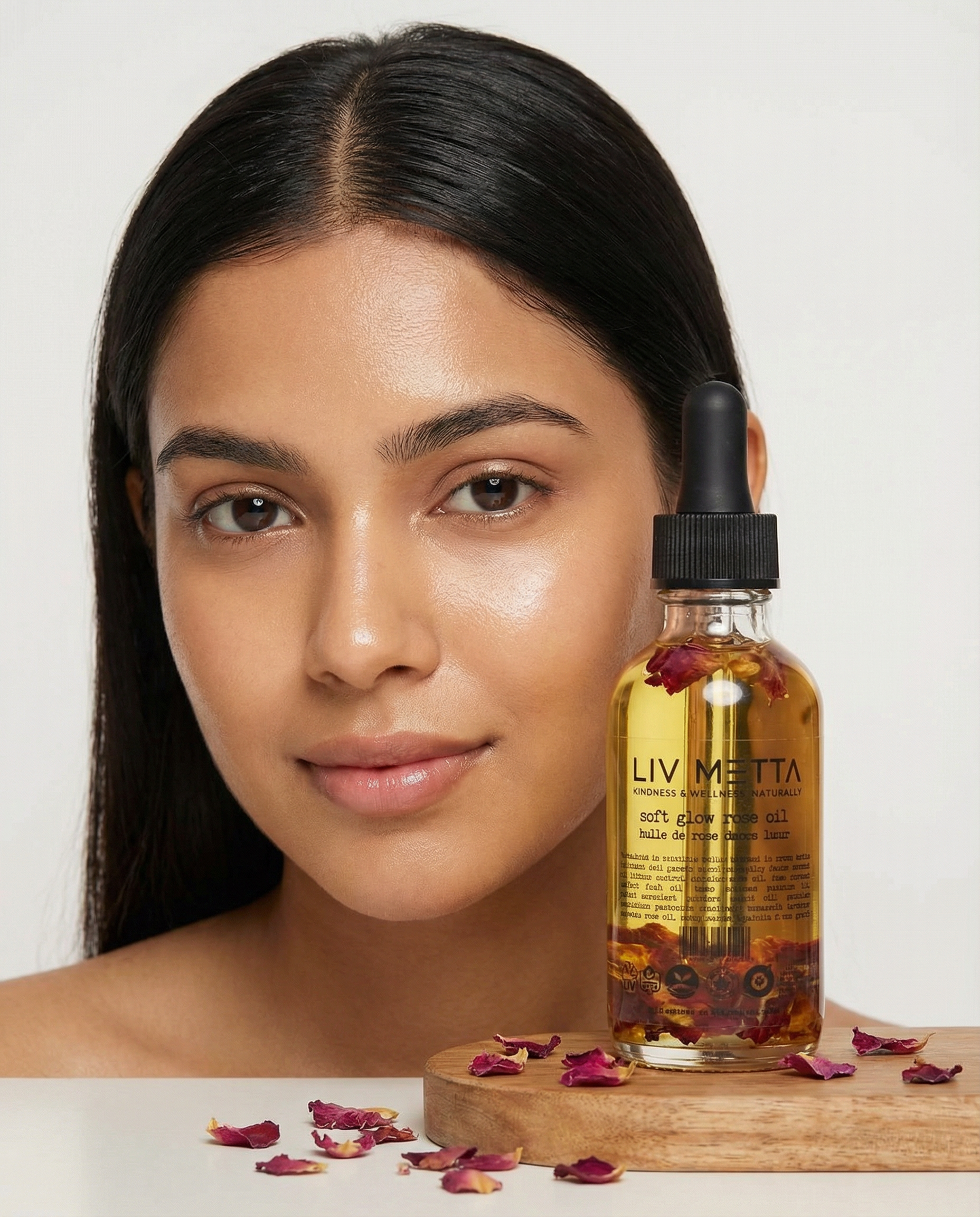 Woman with a bottle of LIV MEETTA oil on a white background