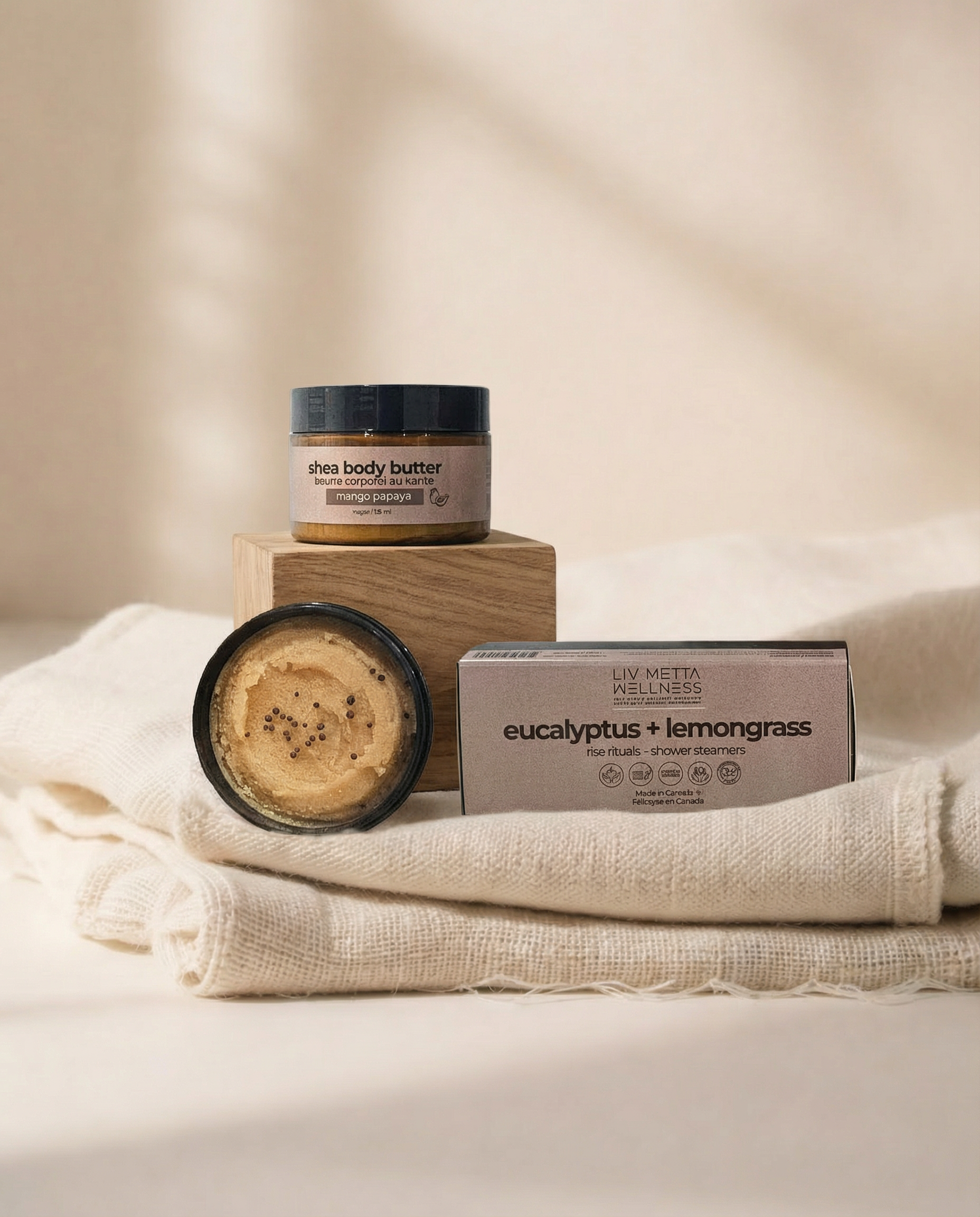 shower steamer box, mango papaya body butter shear butter on a block