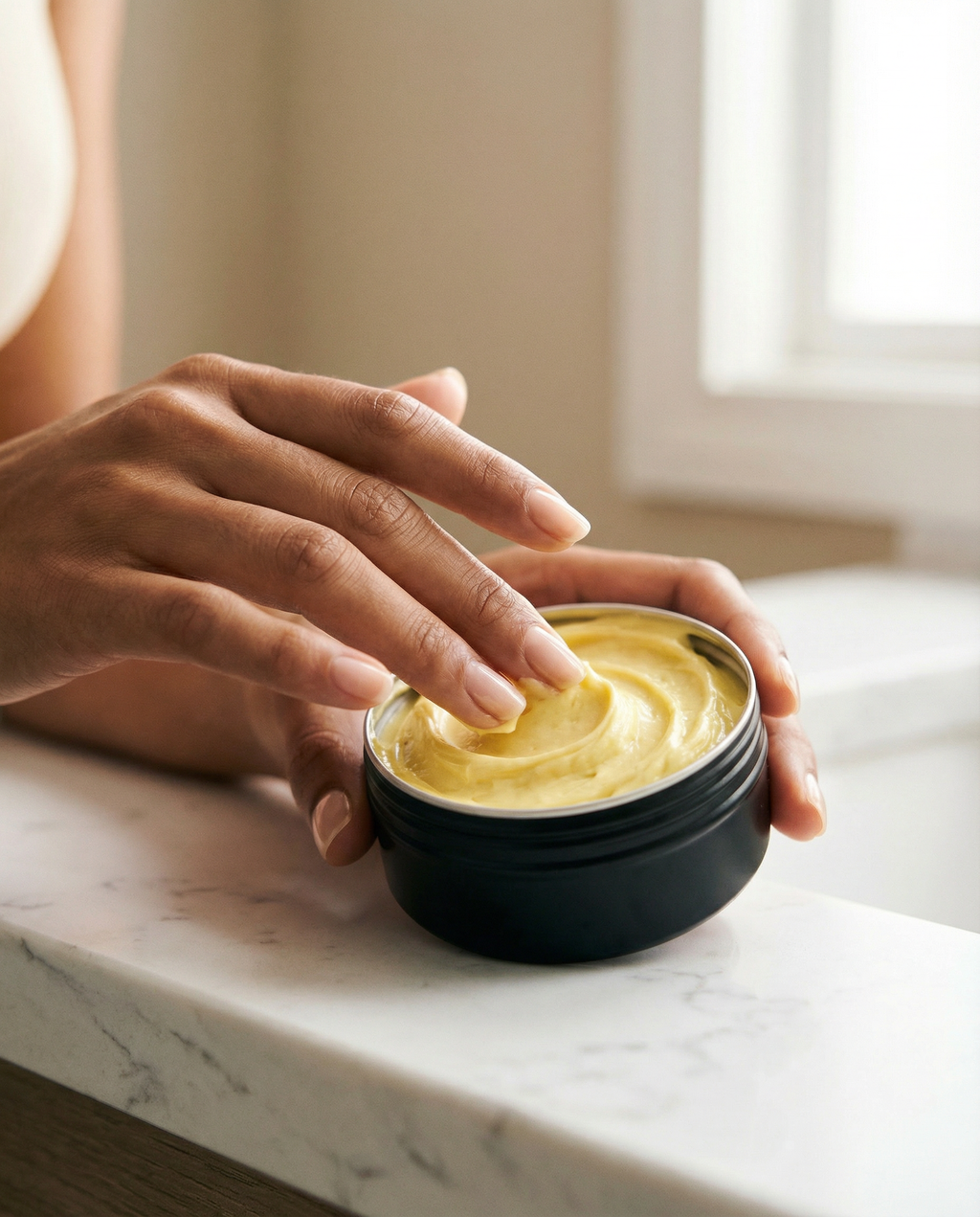 Hand scooping yellow cream from a black container on a marble surface
