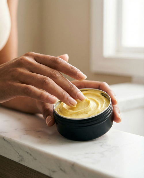 Hand scooping yellow cream from a black container on a marble surface
