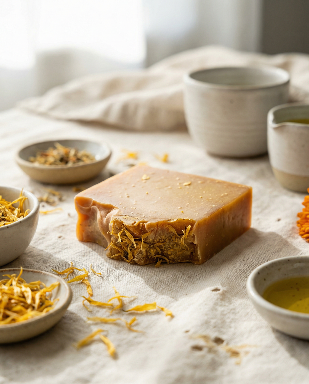 Block of soap with dried herbs on a textured surface with ceramic bowls and cups.