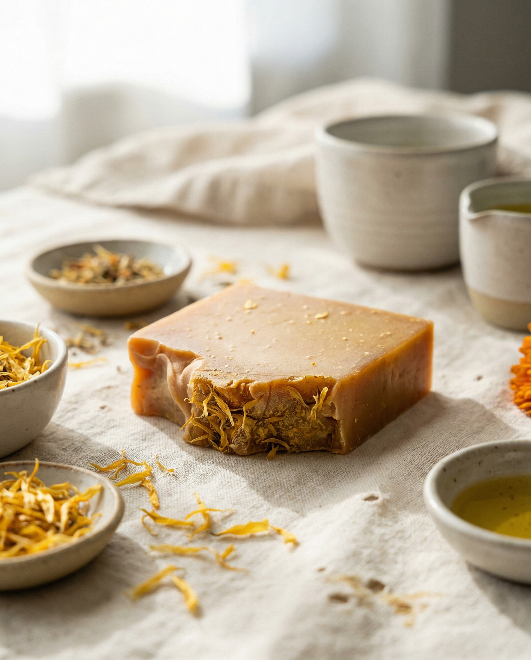 Block of soap with dried herbs on a textured surface with ceramic bowls and cups.