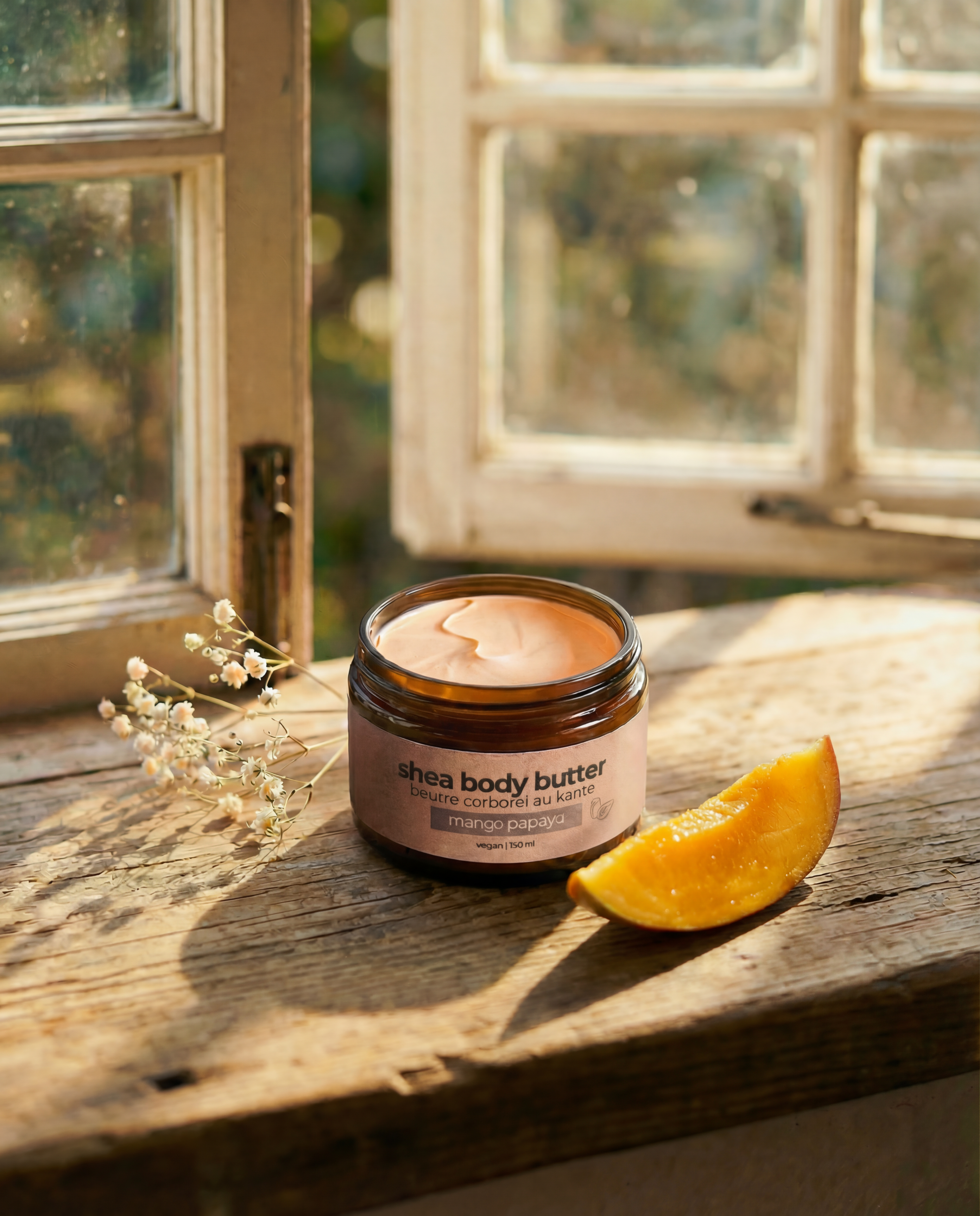 body butter on a table with slice of mango